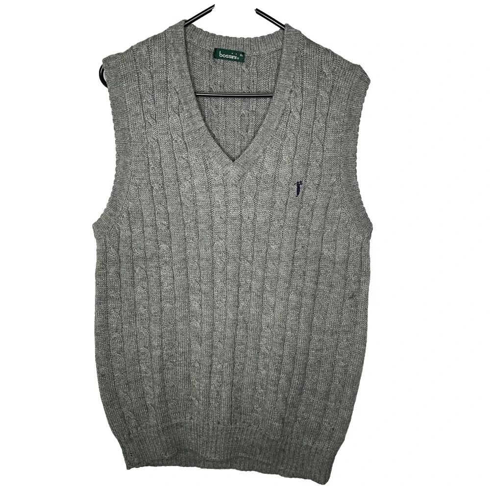 Mens‎ Bossini Wool Blend Grey Pullover Cable Knit Fisherman Vest Golf Classic XL